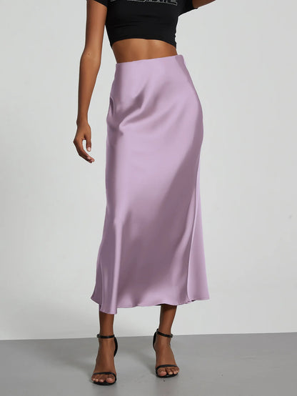 Satin Midi Skirt Women's High Waist Slik Skirts Female Clothing Black Fashion White Pink Blue Gray Burgundy Coffee Office Lady