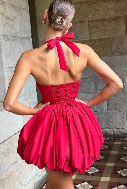 Elegant Red Backless Corset Halter Mini Dress Women Puff Hem Short Dresses Summer Evening Party Birthday Wedding Guest Cocktail