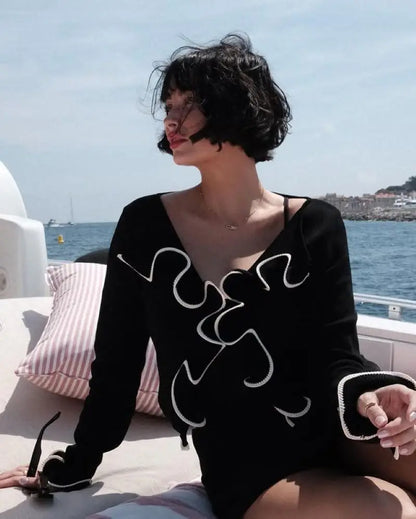 Women's Cropped Yellow Cardigan Long Sleeve Ruffles Tops Sweater Knitwears Black Top Outerwears 2025 Y2K Clothing New In Autumn