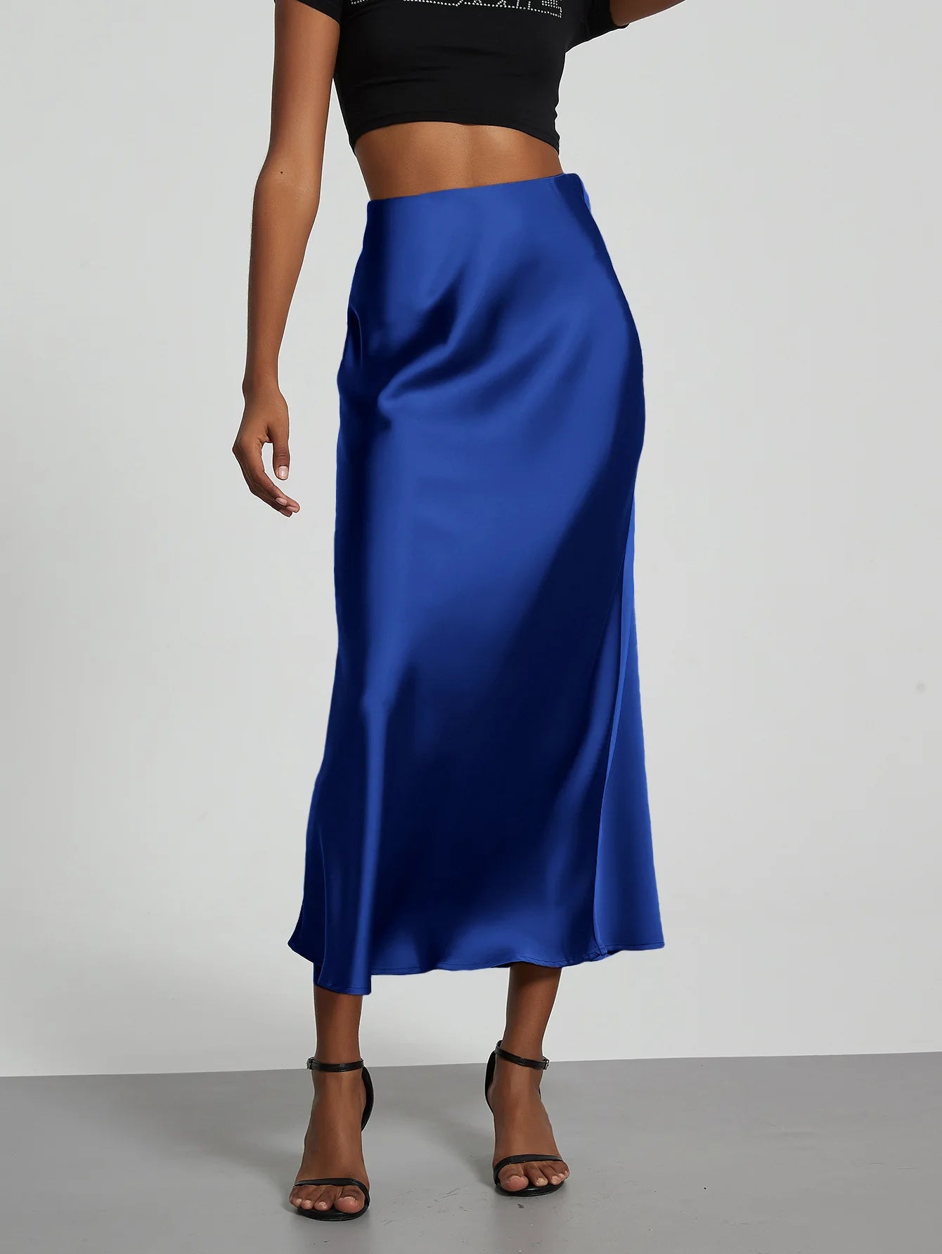 Satin Midi Skirt Women's High Waist Slik Skirts Female Clothing Black Fashion White Pink Blue Gray Burgundy Coffee Office Lady