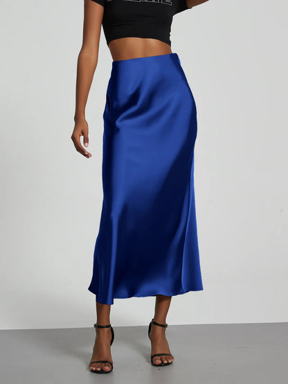 Satin Midi Skirt Women's High Waist Slik Skirts Female Clothing Black Fashion White Pink Blue Gray Burgundy Coffee Office Lady