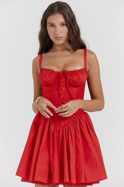 Sexy Lace Floral Corset Short Dress Elegant Women's White Yellow Sundress Female Mini Casual Sun Dresses Summer White Red Blue