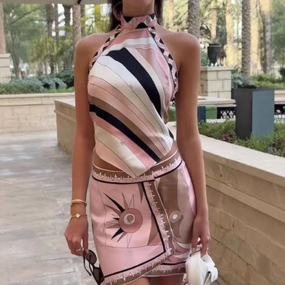 Pink Irregular Print Beach Sets Women's Halter Backless Top Short Skirt Matching Set Mini Dress Suits Summer Holiday Vacation