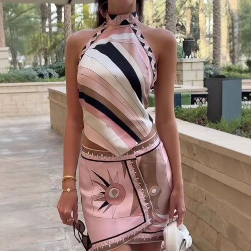 Pink Irregular Print Beach Sets Women's Halter Backless Top Short Skirt Matching Set Mini Dress Suits Summer Holiday Vacation