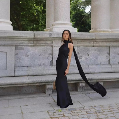 Satin Ribbon Long Dresses Women's Backless Casual Silk Dress Evening Wedding Guest Blue Green Black Yellow Red Pink Summer Prom
