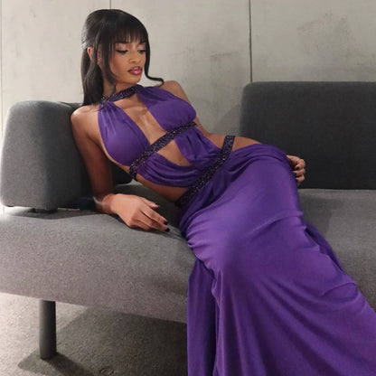 Sexy Women's Maxi Dress Halter Hollow Out Backless Sleeveless Ruched Evening Long Dresses Party Chic Robe Green Purple Summer