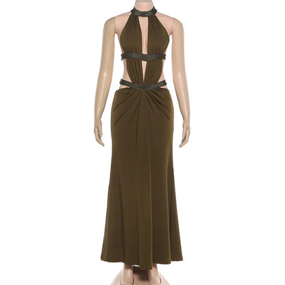 Sexy Women's Maxi Dress Halter Hollow Out Backless Sleeveless Ruched Evening Long Dresses Party Chic Robe Green Purple Summer