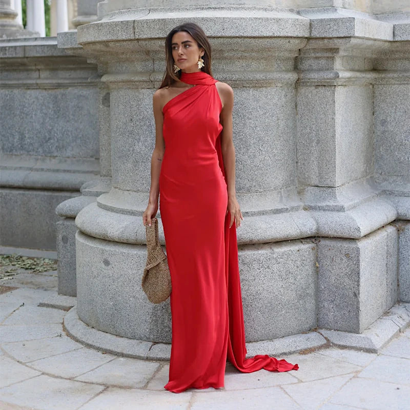 Satin Ribbon Long Dresses Women's Backless Casual Silk Dress Evening Wedding Guest Blue Green Black Yellow Red Pink Summer Prom