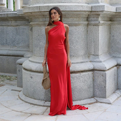 Satin Ribbon Long Dresses Women's Backless Casual Silk Dress Evening Wedding Guest Blue Green Black Yellow Red Pink Summer Prom