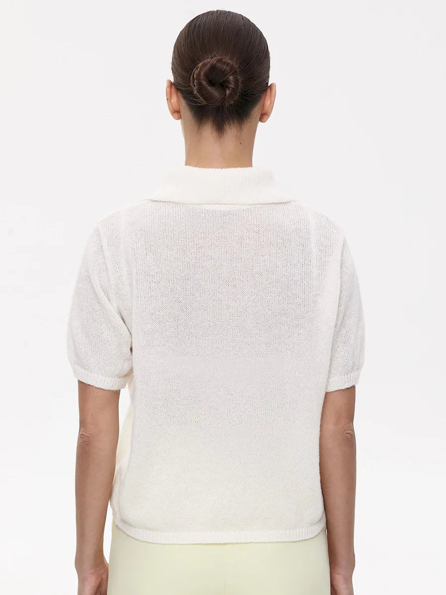 Summer Women's Polo Collar Knitted Short Sleeves Sweater Transparent T-shirt Female Simple 2025 Pink Yellow Gray Blue Red White