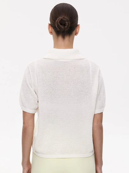 Summer Women's Polo Collar Knitted Short Sleeves Sweater Transparent T-shirt Female Simple 2025 Pink Yellow Gray Blue Red White