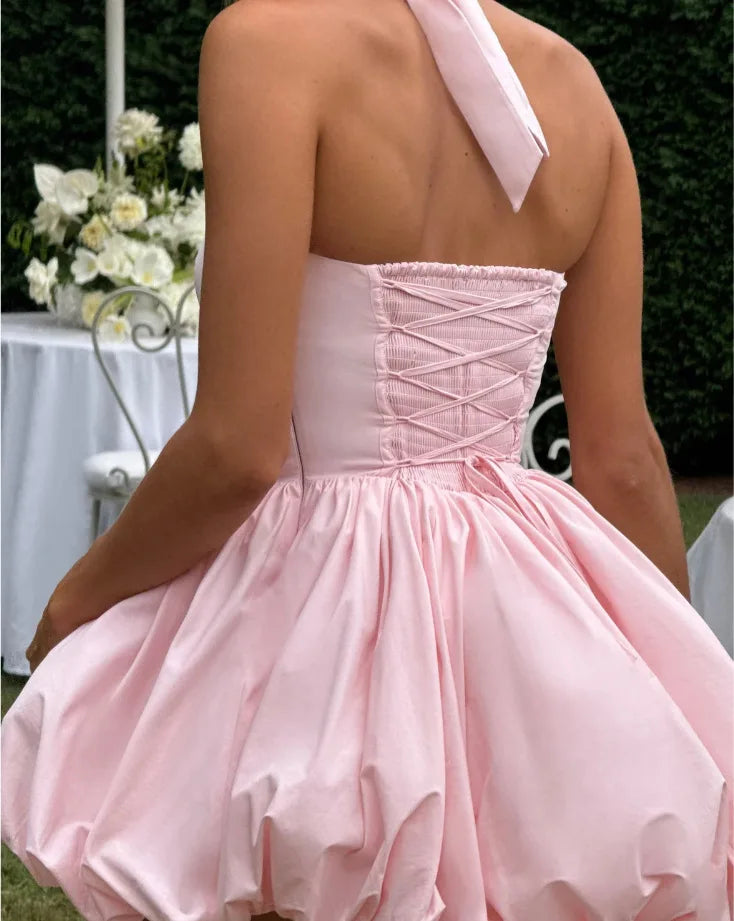 Elegant Polka Dot Corset Halter Mini Dress Women Puff Hem Short Dresses Summer Evening Party Birthday Wedding Guest Pink Black