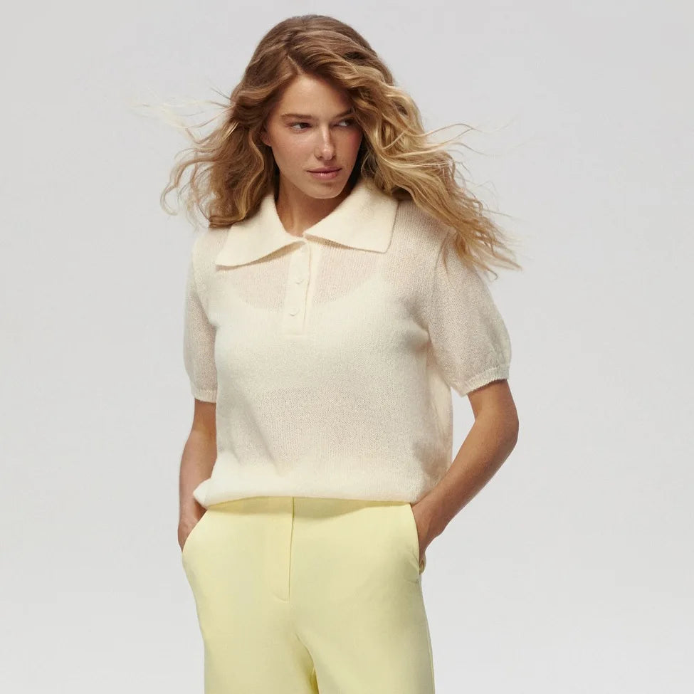 Summer Women's Polo Collar Knitted Short Sleeves Sweater Transparent T-shirt Female Simple 2025 Pink Yellow Gray Blue Red White