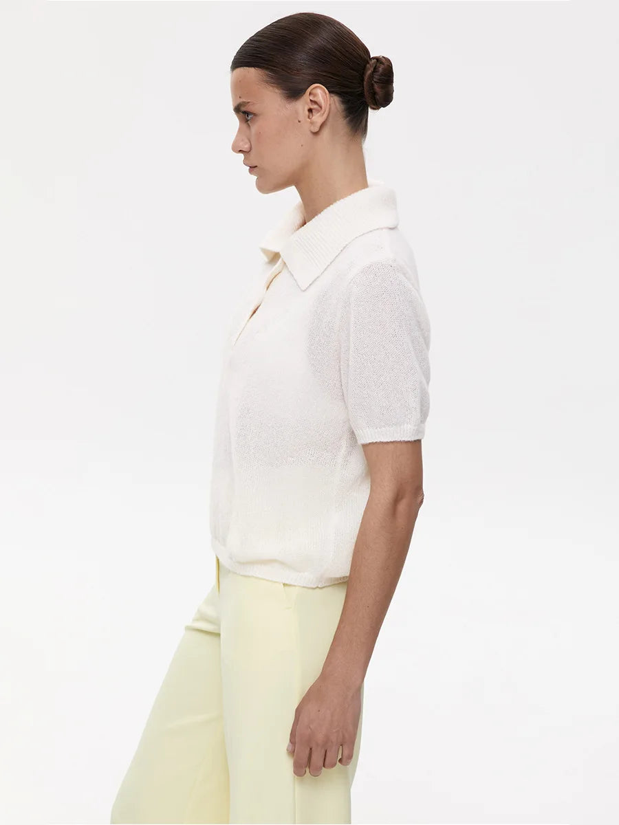 Summer Women's Polo Collar Knitted Short Sleeves Sweater Transparent T-shirt Female Simple 2025 Pink Yellow Gray Blue Red White