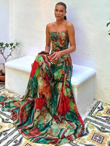 Women's Colorful Casual Long Dress Sexy Strapless Pleated Maxi Dresses Evening Party Wedding Guest Summer 2026 Female Clothing