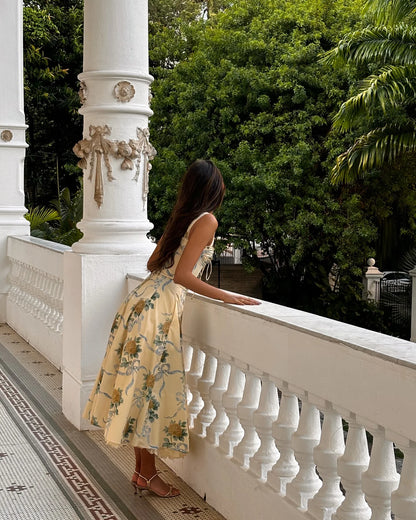 Sexy Lace Floral Midi Dress Elegant Women's Sundress Female Clothing Sun Print Dresses Summer Holiday Vacation 2026 Yellow Pink