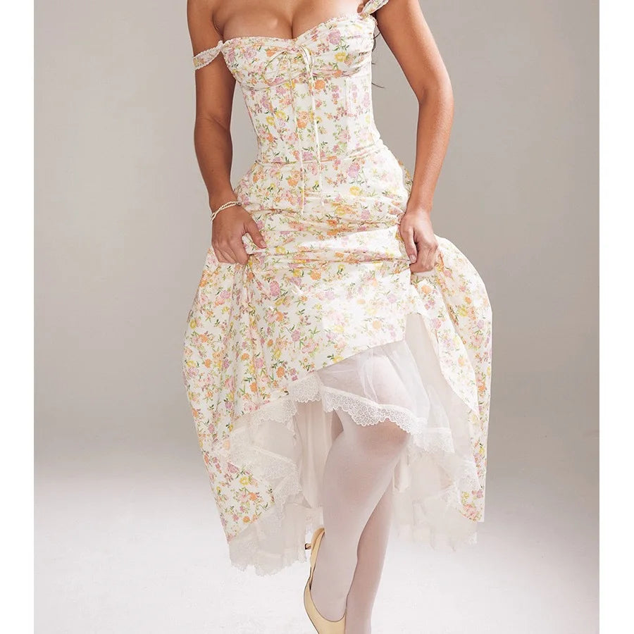 Sexy Lace Floral Midi Dress Elegant Women's Sundress Female Clothing Sun Print Dresses Summer Holiday Vacation 2026 Yellow Pink