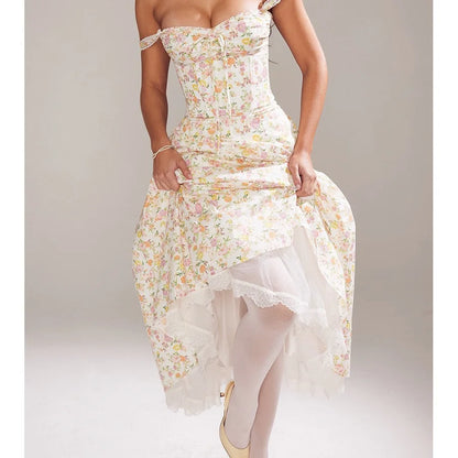 Sexy Lace Floral Midi Dress Elegant Women's Sundress Female Clothing Sun Print Dresses Summer Holiday Vacation 2026 Yellow Pink
