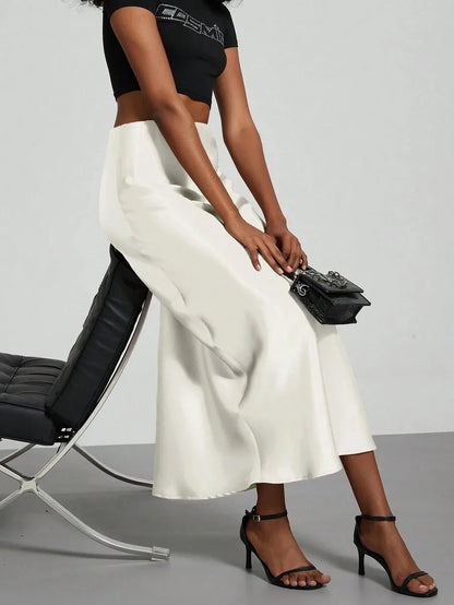 Satin Midi Skirt Women's High Waist Slik Skirts Female Clothing Black Fashion White Pink Blue Gray Burgundy Coffee Office Lady