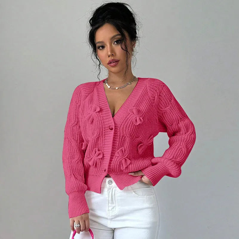 Women's Knitted Bow Cardigan Elegant Long Sleeve Tops Sweater Knitwears Top Female Clothing Fall Autumn Pink White Blue Purple