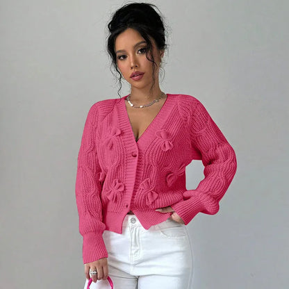 Women's Knitted Bow Cardigan Elegant Long Sleeve Tops Sweater Knitwears Top Female Clothing Fall Autumn Pink White Blue Purple