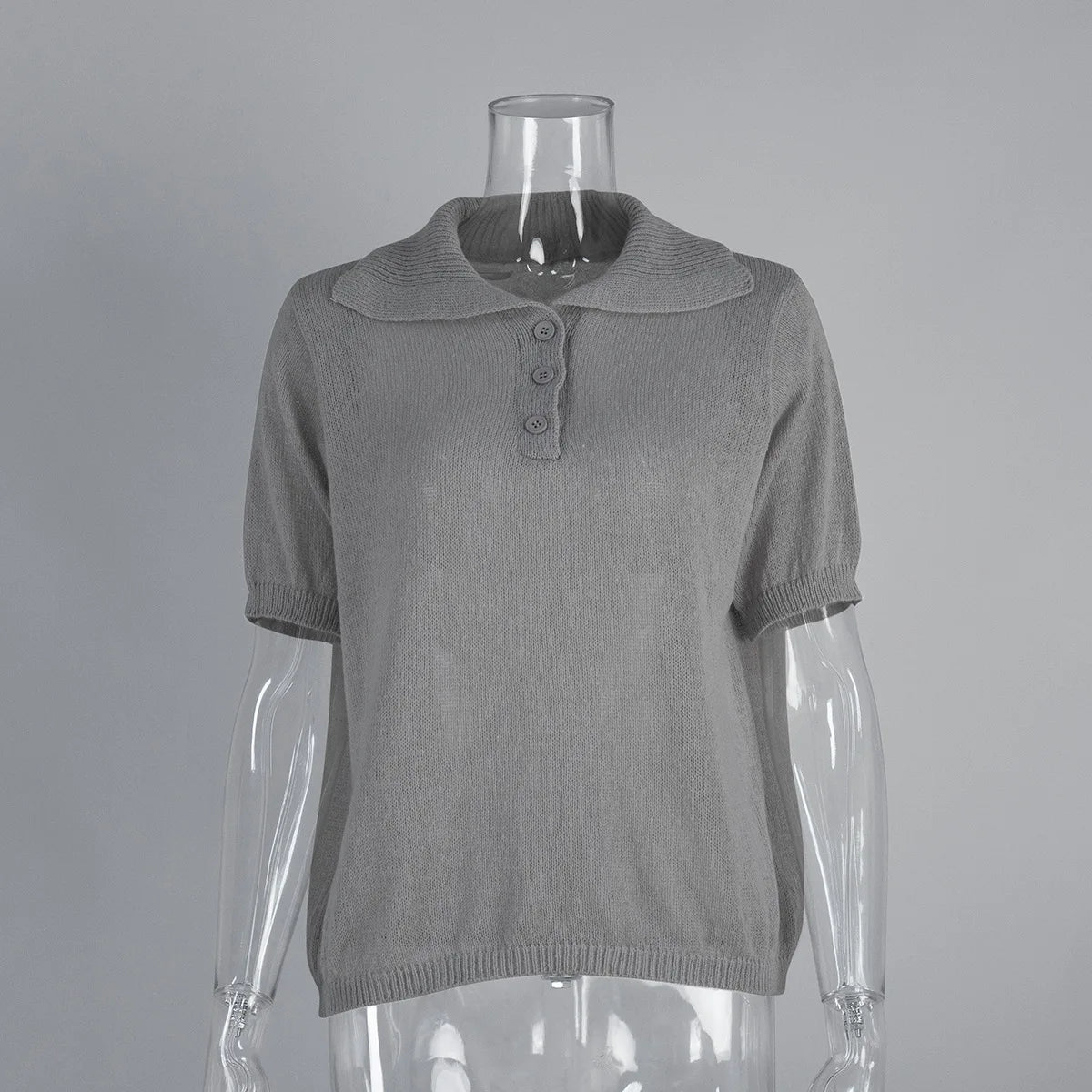 Summer Women's Polo Collar Knitted Short Sleeves Sweater Transparent T-shirt Female Simple 2025 Pink Yellow Gray Blue Red White