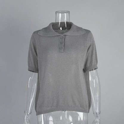 Summer Women's Polo Collar Knitted Short Sleeves Sweater Transparent T-shirt Female Simple 2025 Pink Yellow Gray Blue Red White
