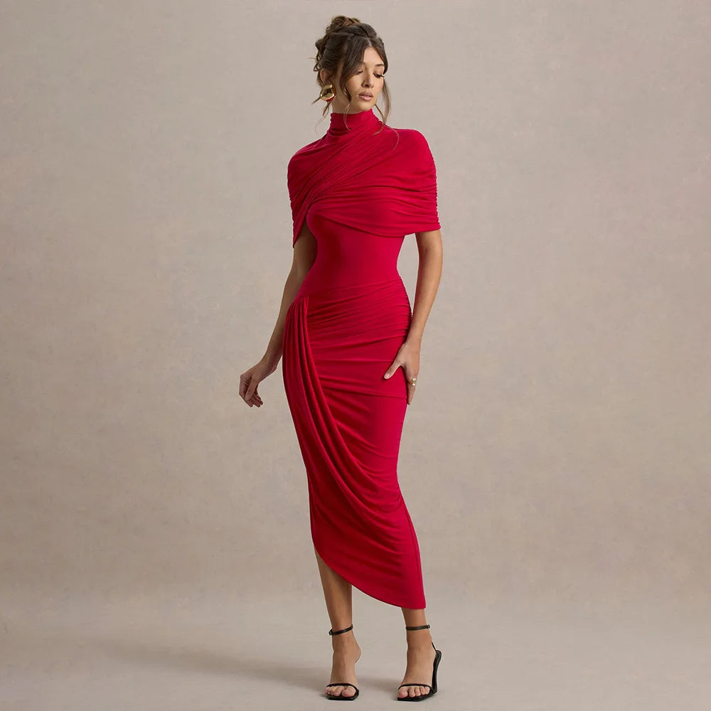Elegant Women's Tight Curvy Midi Dress Sexy Backless Draped Bodycon Dresses Evening Party Wedding Guest Summer New Yellow White