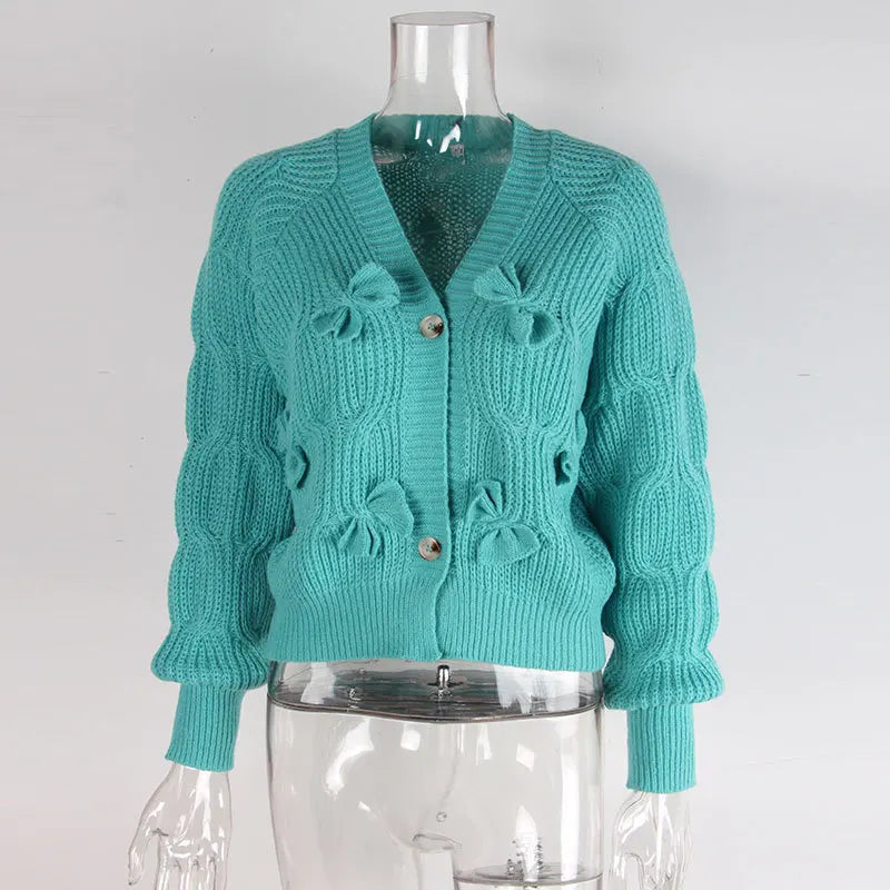 Women's Knitted Bow Cardigan Elegant Long Sleeve Tops Sweater Knitwears Top Female Clothing Fall Autumn Pink White Blue Purple