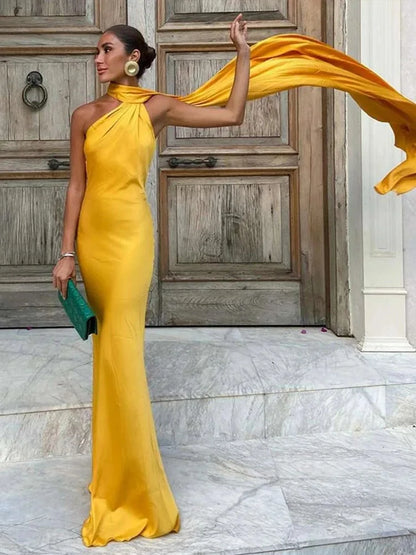 Satin Ribbon Long Dresses Women's Backless Casual Silk Dress Evening Wedding Guest Blue Green Black Yellow Red Pink Summer Prom