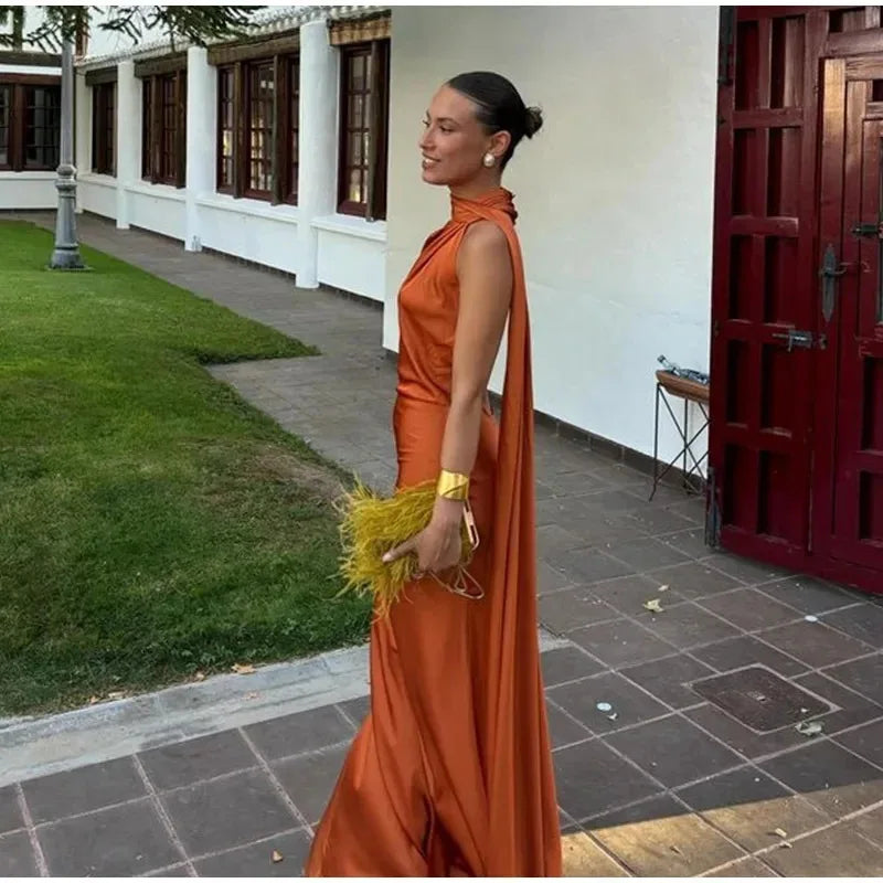Satin Ribbon Long Dresses Women's Backless Casual Silk Dress Evening Wedding Guest Blue Green Black Yellow Red Pink Summer Prom