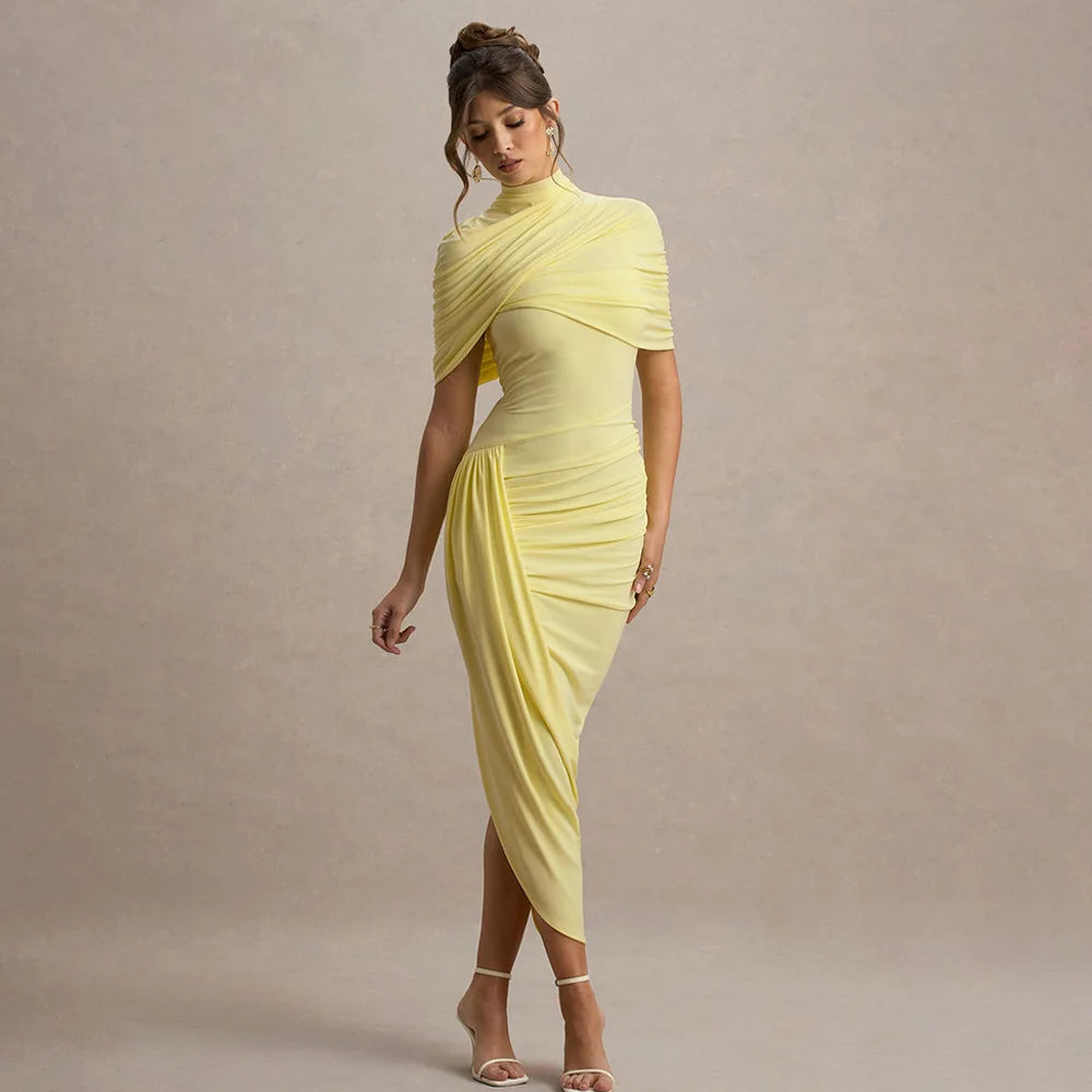 Elegant Women's Tight Curvy Midi Dress Sexy Backless Draped Bodycon Dresses Evening Party Wedding Guest Summer New Yellow White
