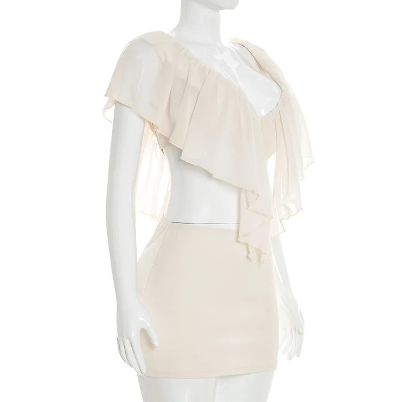 Sexy Ruffled Two Piece Set Women V Neck Tank Top Mini Skirt Matching Sets Female Clothing Club Party Dress Outfits Summer 2026