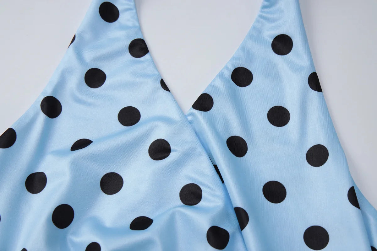 Blue Irregular Polka Dot Beach Sets Women's Halter Backless Crop Top Midi Skirt Matching Set Suit Summer Wear Holiday Vacation