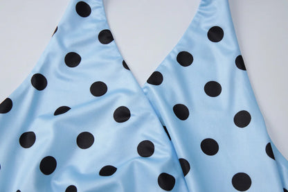 Blue Irregular Polka Dot Beach Sets Women's Halter Backless Crop Top Midi Skirt Matching Set Suit Summer Wear Holiday Vacation