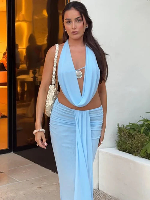 Sexy Blue Beach Sets Women's Halter V Neck Backless Crop Top Draped Long Skirt New Suit Summer Beachwear Holiday Vacation Yellow