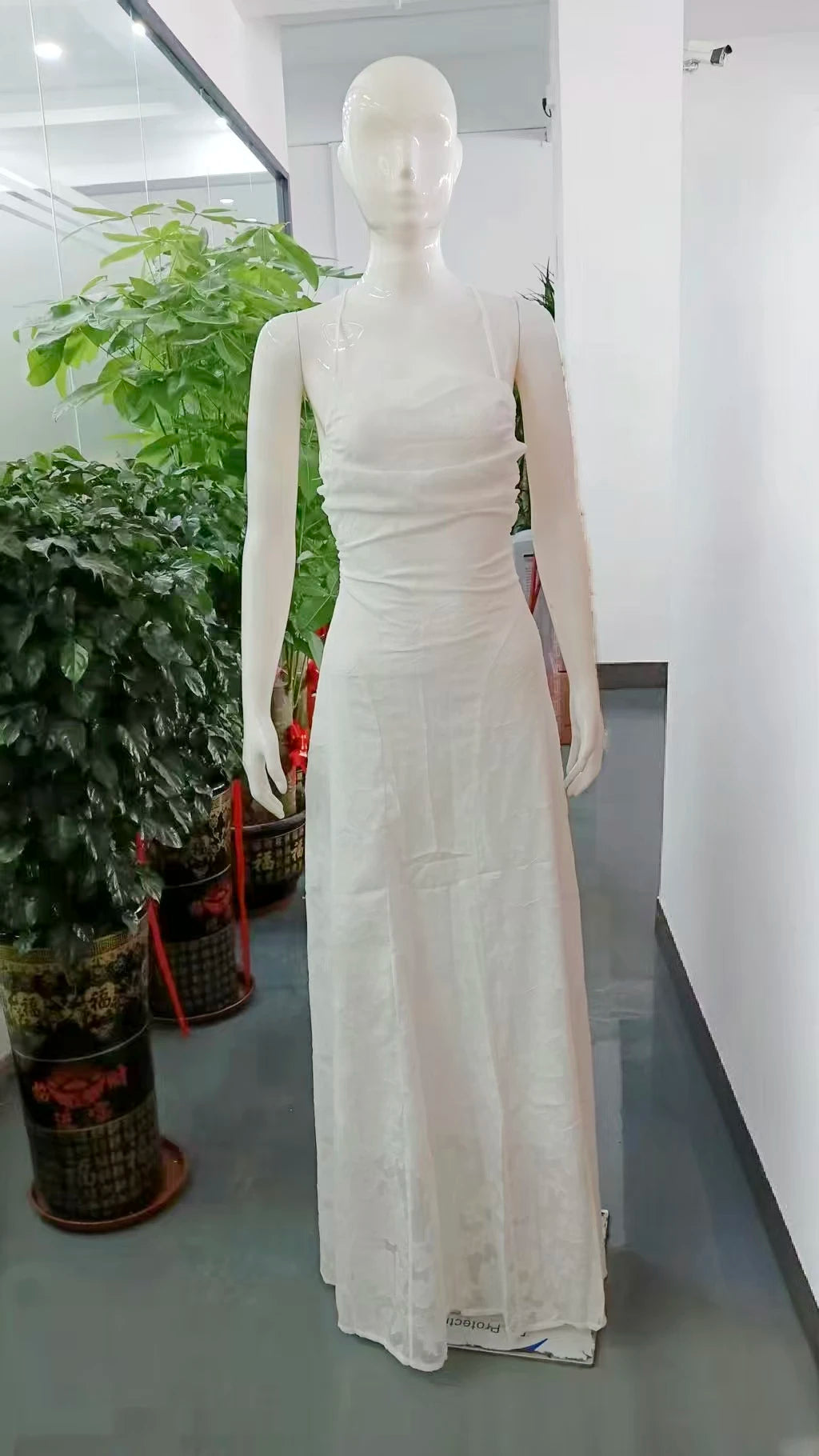 Jacquard Chiffon Long Dress Women's Backless Bandage Dresses Summer Evening Wedding Guest Green White Burgundy Pink Graduation