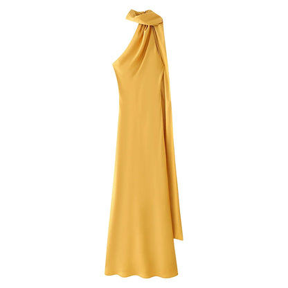 Satin Ribbon Long Dresses Women's Backless Casual Silk Dress Evening Wedding Guest Blue Green Black Yellow Red Pink Summer Prom
