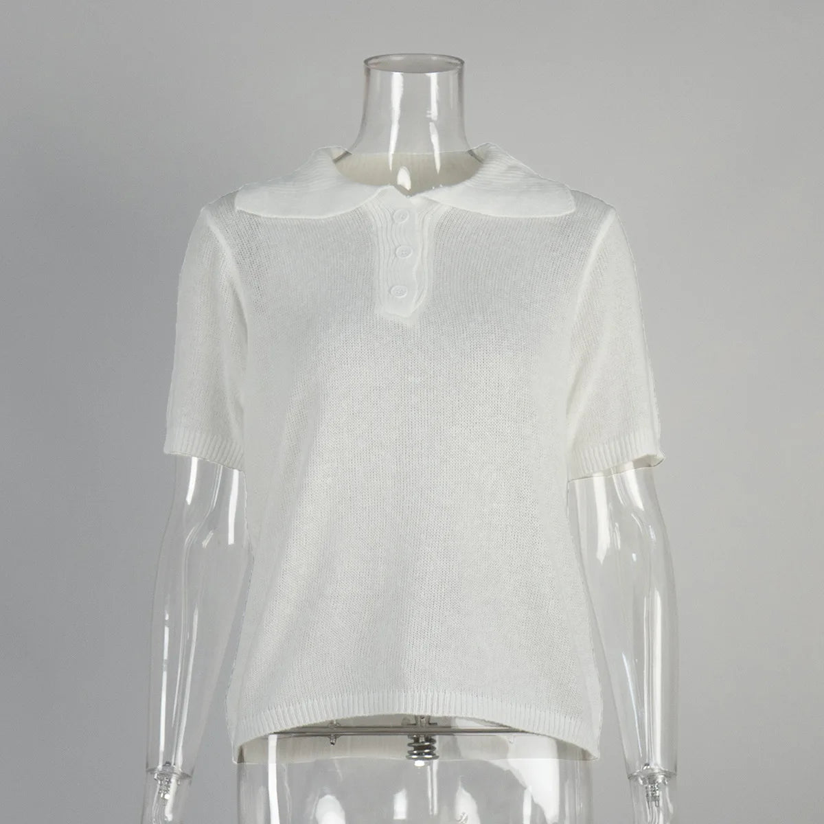 Summer Women's Polo Collar Knitted Short Sleeves Sweater Transparent T-shirt Female Simple 2025 Pink Yellow Gray Blue Red White