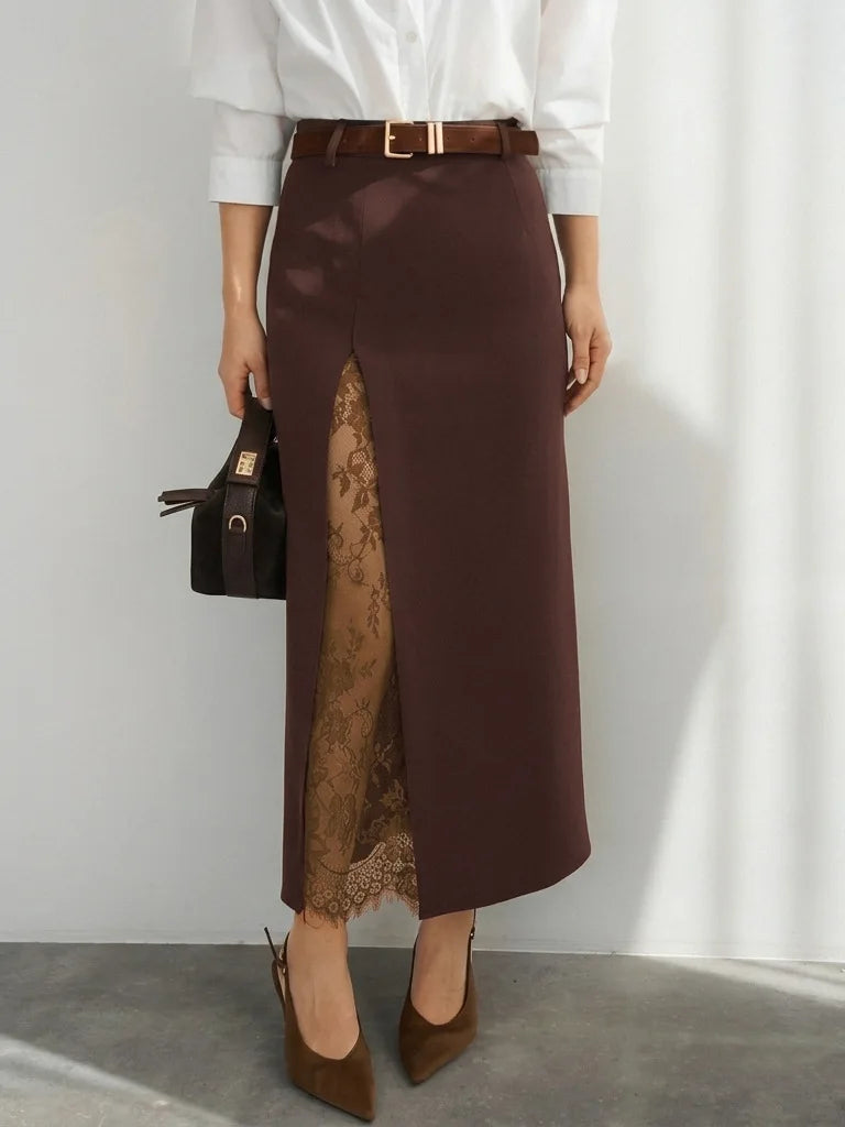 Elegant Lace Patchwork Skirt Women's High Waist Slim Split Skirts Female Clothing Fashion Summer Autumn 2026 Office Lady New In