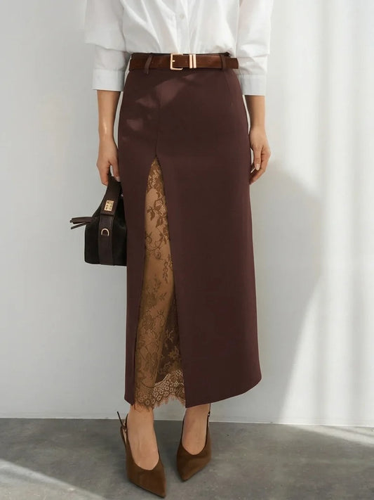 Elegant Lace Patchwork Skirt Women's High Waist Slim Split Skirts Female Clothing Fashion Summer Autumn 2026 Office Lady New In