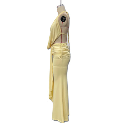 Sexy Blue Beach Sets Women's Halter V Neck Backless Crop Top Draped Long Skirt New Suit Summer Beachwear Holiday Vacation Yellow