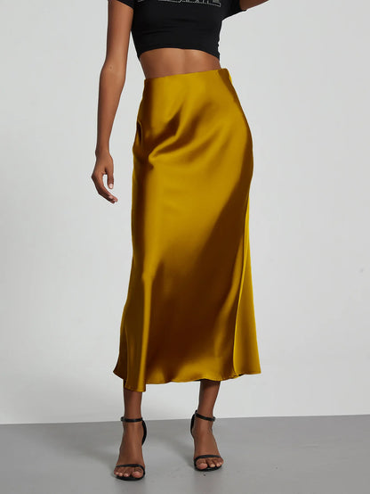 Satin Midi Skirt Women's High Waist Slik Skirts Female Clothing Black Fashion White Pink Blue Gray Burgundy Coffee Office Lady