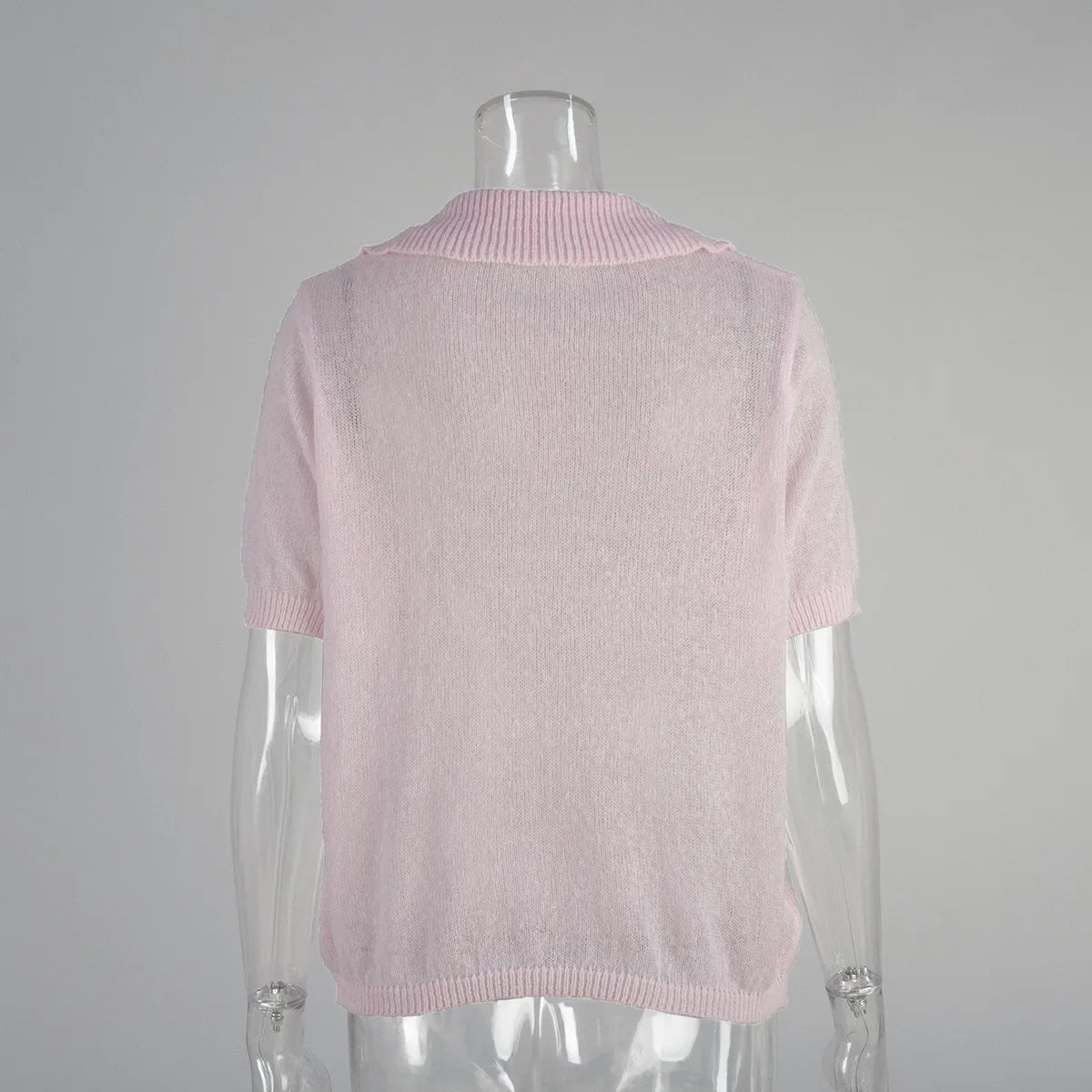 Summer Women's Polo Collar Knitted Short Sleeves Sweater Transparent T-shirt Female Simple 2025 Pink Yellow Gray Blue Red White