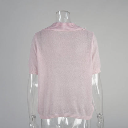 Summer Women's Polo Collar Knitted Short Sleeves Sweater Transparent T-shirt Female Simple 2025 Pink Yellow Gray Blue Red White
