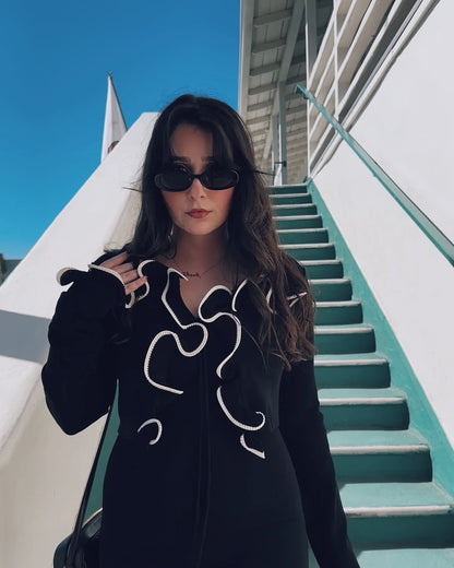 Women's Cropped Yellow Cardigan Long Sleeve Ruffles Tops Sweater Knitwears Black Top Outerwears 2025 Y2K Clothing New In Autumn