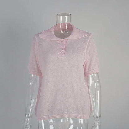Summer Women's Polo Collar Knitted Short Sleeves Sweater Transparent T-shirt Female Simple 2025 Pink Yellow Gray Blue Red White