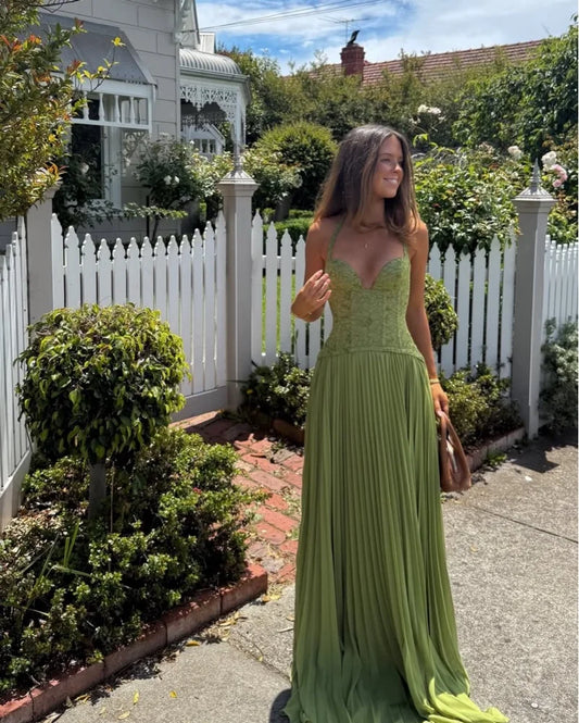 Elegant Women's Halter Long Dress Vintage Corset Patchwork Maxi Pleated Dresses Summer Formal Evening Party Wedding Guest Green
