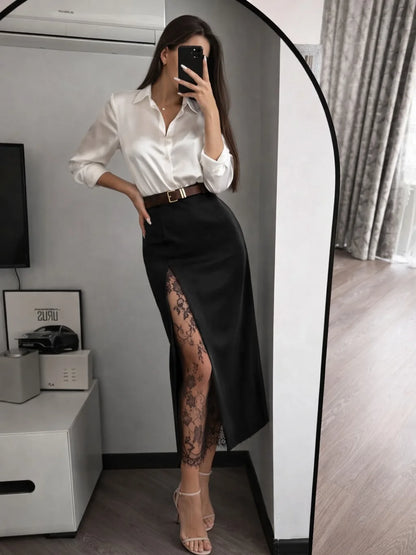 Elegant Lace Patchwork Skirt Women's High Waist Slim Split Skirts Female Clothing Fashion Summer Autumn 2026 Office Lady New In