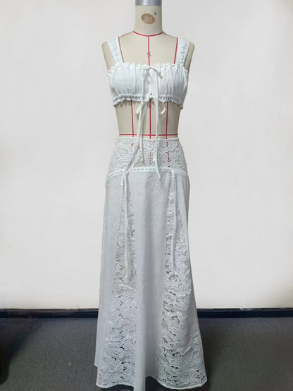 White Lace Beach 2 Pieces Sets Cover Up Women's Backless Crop Top Long Skirt Matching Set Suit Summer Holiday Vacation Outfit